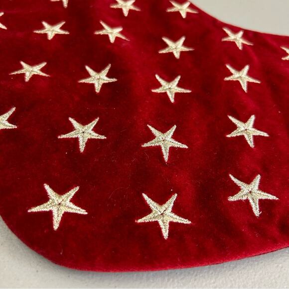Pottery Barn Red Velvet Christmas Stocking Metallic Sewn White Stars Patriotic - Picture 2 of 4
